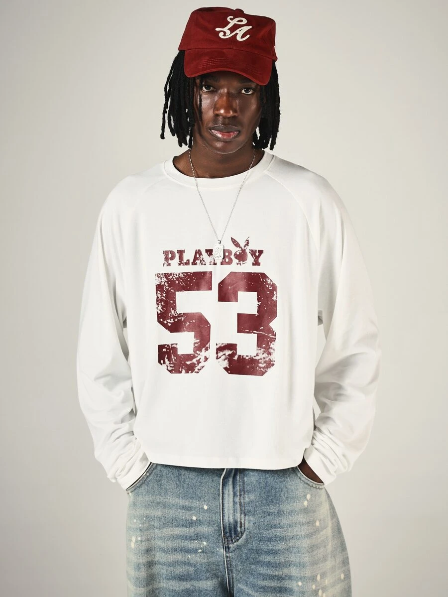 PLAYBOY X SUMWON Bunny Logo Cropped Long Sleeve Tee With Varsity Number 53 Distressed Graphic Print Crew Neck Boxy Fit Top - White - View 1