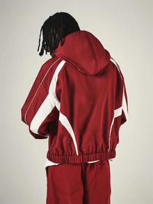 SUMWON Burgundy Hooded Full-Zip Windbreaker Jacket With White Contrast Panels And Piping Elasticated Hem Embroidered Logo Detail - Red and White - View 2