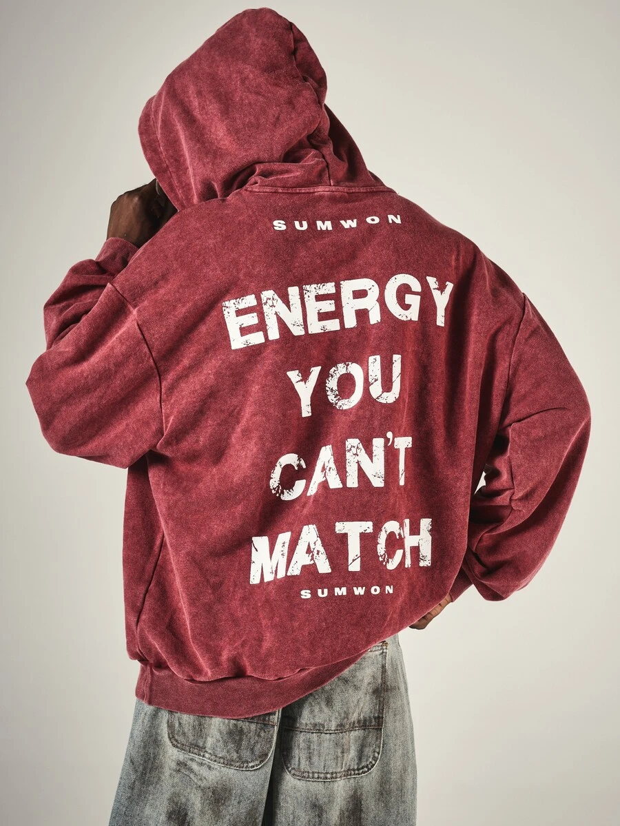 SUMWON Oversized syratvättad hoodie med motiverande sloganprint på ryggen, centerficka, lång ärm, pullover för höst och vinter - Bourgogne - Visa 1
