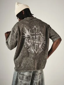 SUMWON Oversized Acid Washed Crew Neck T-Shirt With Cross And Bird Back Graphic Print Streetwear Style - Brown - View 1