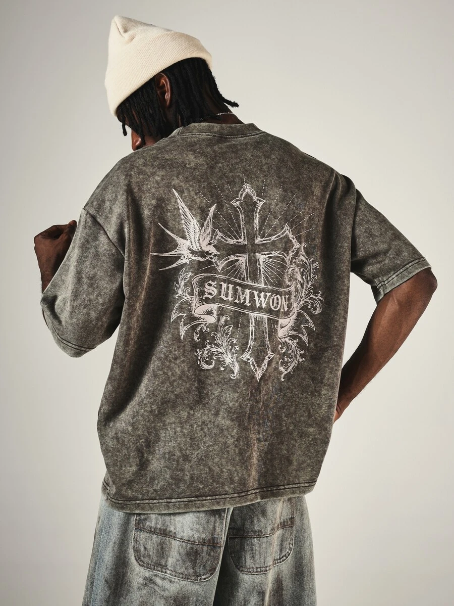 SUMWON Oversized Acid Washed Crew Neck T-Shirt With Cross And Bird Back Graphic Print Streetwear Style - Brown - View 1