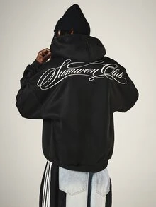 SUMWON Club Oversized Full-Zip Hoodie With Script Logo Back Print And Centre Pocket Fall Winter Streetwear - Black - View 1