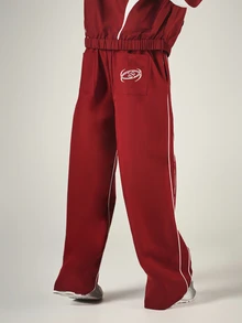 SUMWON Wide Leg Track Pants With White Contrast Piping And Drawstring Waist Perfect For Casual Everyday Wear And Weekend Outings - Burgundy - View 2