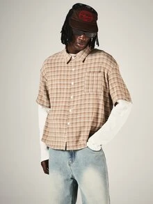 SUMWON Plaid Short Sleeve Boxy Crop Button Down Shirt With Eagle Sheild Back Graphic Print And Chest Pocket - Khaki - View 2