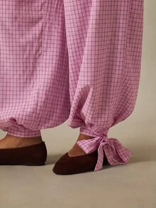 MISSGUIDED Short Sleeve Tee And Checked Wide Leg Balloon Pants With Elasticated Waist Tie Ankle Detail Summer Holiday Relaxed Fit Trouser Co-Ord - Pink - View 5