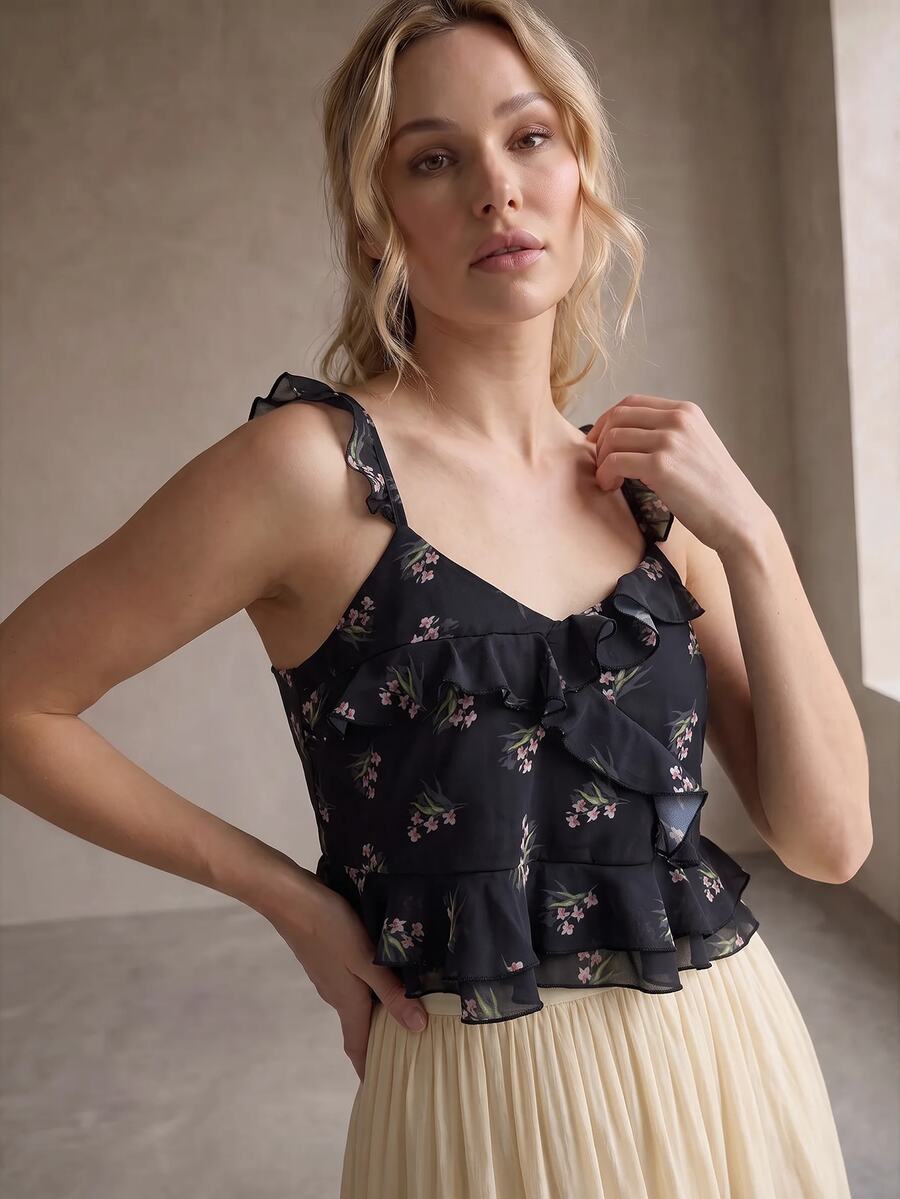Rouah Womens Printed Floral Ruffle Frill Cami Top - Autumn Cami, Fall Cami, Fall Top, Autumn Top, Black Cami Top, Boho Cami Top - Black - View 1