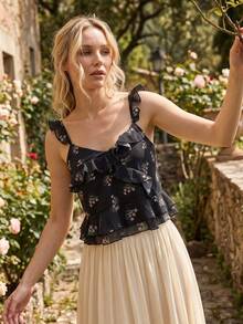 Rouah Womens Printed Floral Ruffle Frill Cami Top - Autumn Cami, Fall Cami, Fall Top, Autumn Top, Black Cami Top, Boho Cami Top - Black - View 7