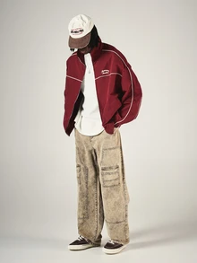 SUMWON Oversized Windbreaker Jacket With White Contrast Piping Full Zip Mandarin Collar Hip Length Outerwear Fall Winter Essential - Red Violet - View 3