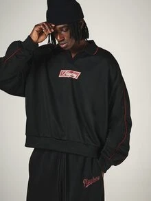PLAYBOY X SUMWON Rugby Shirt Oversized Long Sleeve Collared Sweatshirt With Number 9 Back Print And Contrast Piping Detail - Black - View 2