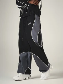 SUMWON Wide Leg Track Pants With Curved Color Block Panels White Contrast Piping Embroidered Logo Drawstring Waist Full Length - Multicolor - View 4