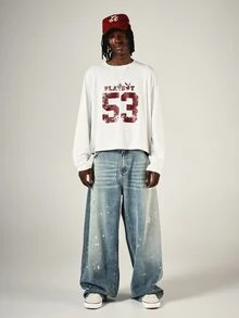 PLAYBOY X SUMWON Bunny Logo Cropped Long Sleeve Tee With Varsity Number 53 Distressed Graphic Print Crew Neck Boxy Fit Top - White - View 3