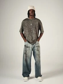 SUMWON Oversized Acid Washed Crew Neck T-Shirt With Cross And Bird Back Graphic Print Streetwear Style - Brown - View 3