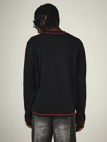 SUMWON Black Long Sleeve Crew Neck Top With Red Contrast Stitching And Chest Logo Embroidery Streetwear Essential - Black - View 2