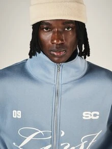 SUMWON Lost Without Trying Oversized Full Zip Track Jacket With Script Print Mandarin Collar And Ribbed Cuffs Fall Winter Essential - Dark Grey - View 4
