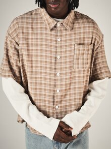 SUMWON Plaid Short Sleeve Boxy Crop Button Down Shirt With Eagle Sheild Back Graphic Print And Chest Pocket - Khaki - View 5