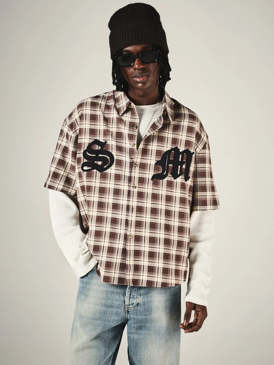 SUMWON Oversized Plaid Button-Down Short Sleeve Shirt With Old English Letter Applique Detail Fall Street Style - Coffee Brown - View 1