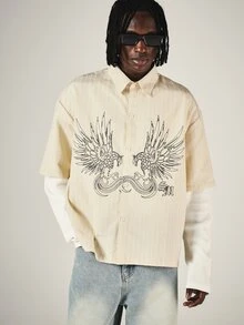 SUMWON Cream Pinstripe Boxy Short Sleeve Button-Up Shirt With Dual Phoenix Graphic And Logo Print On Front - Apricot - View 1