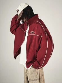 SUMWON Oversized Windbreaker Jacket With White Contrast Piping Full Zip Mandarin Collar Hip Length Outerwear Fall Winter Essential - Red Violet - View 1