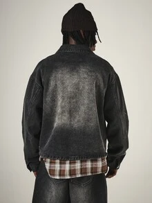 SUMWON Oversized Washed Denim Trucker Jacket With Zip Closure Embroidered Script Logo Vintage Wash Hip Length Long Sleeve Fall Winter Outerwear - Grey - View 2