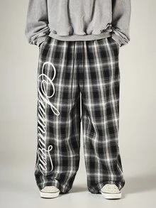 SUMWON Wide Leg Plaid Casual Pants With Large Cursive Script Leg Print, Full Length Relaxed Fit, Fall Winter Street Style - Black and White - View 4