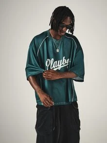 PLAYBOY X SUMWON Oversized Mesh Jersey Top With V-Neck Short Sleeve And Contrast Piping Script Logo Print For Summer - Dark Green - View 4