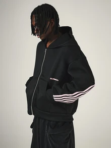 SUMWON Oversized Full-Zip Hoodie With Pink Stripe Sleeve Detail And Contrast Back ZigZag Paneling - Black - View 1