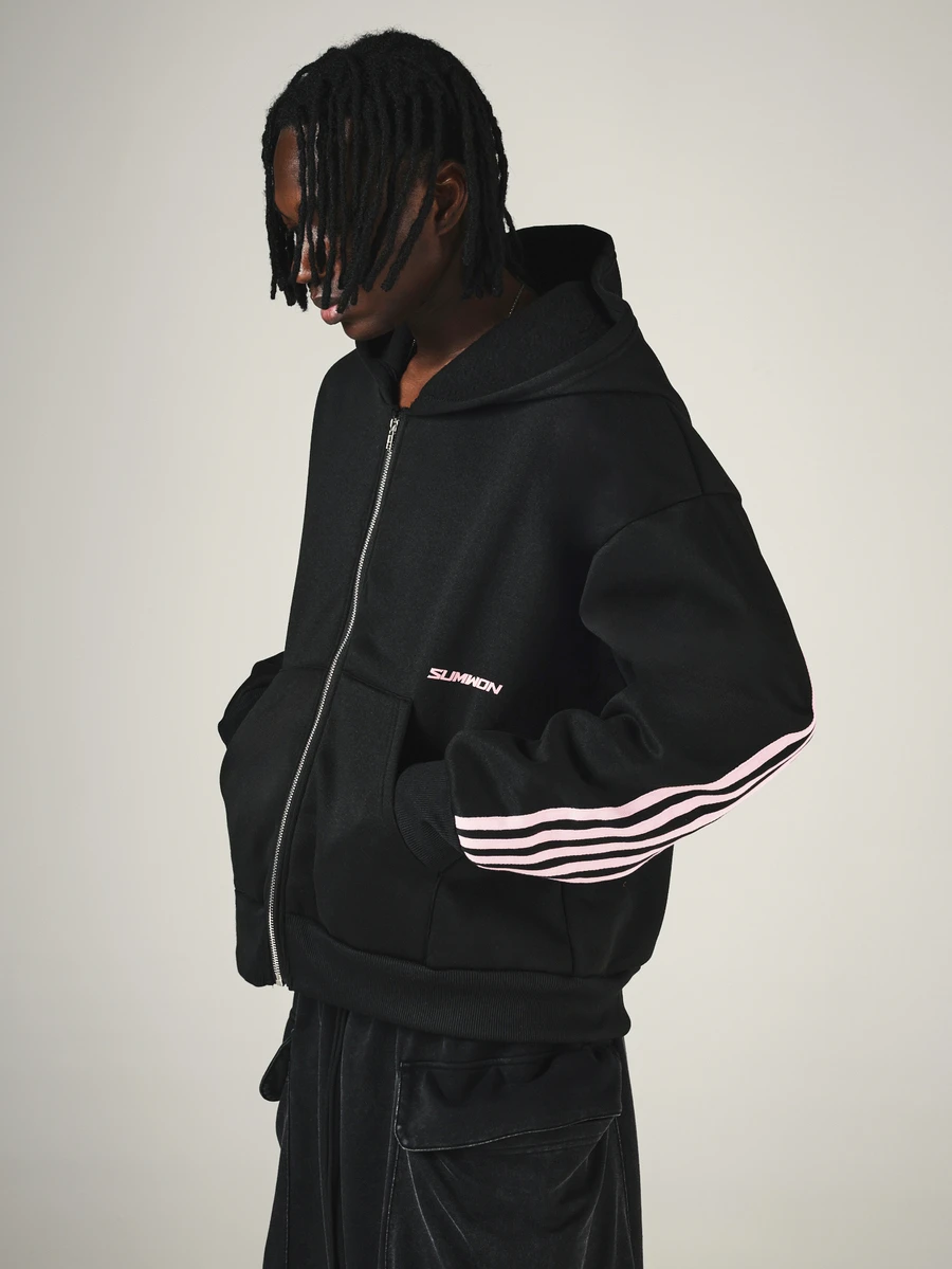 SUMWON Oversized Full-Zip Hoodie With Pink Stripe Sleeve Detail And Contrast Back ZigZag Paneling - Black - View 1