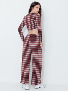 Pimkie Edition Setelan Dua Potong Wanita: Atasan Lengan Panjang dan Celana Panjang Bergaris Merah dan Biru Tua, Pakaian Kasual Sehari-hari - Burgundy - View 2
