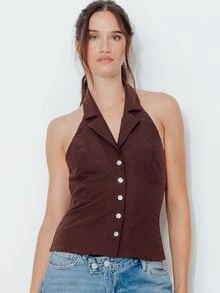Pimkie Edition Women's Solid Color Single-Breasted Fashion Halter Neck Blouse - Mocha Brown - View 1
