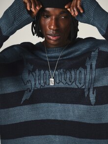 SUMWON Oversized Striped Knit Sweater Crew Neck Long Sleeve Gothic Logo Chest Print Thumbhole Cuffs Winter Pullover - Navy Blue - View 5