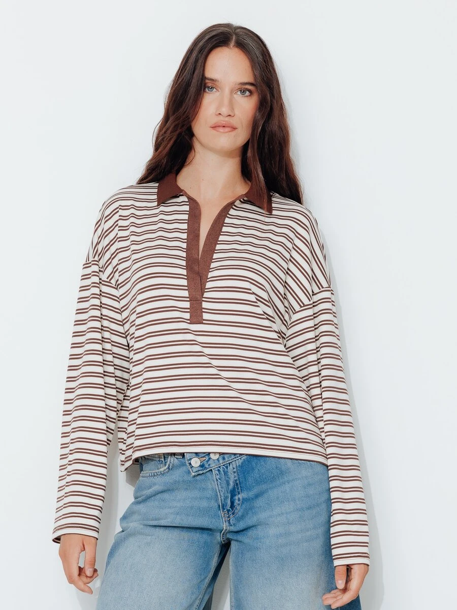 Pimkie Edition Autumn Casual Striped Drop Shoulder Long Sleeve T-Shirt - Multicolor - View 1