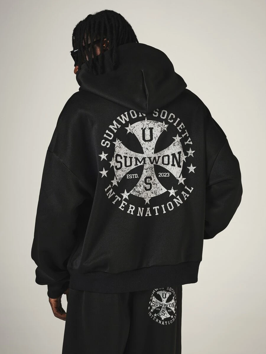 SUMWON Society International Oversized Pullover Hoodie With Large Back Graphic Print Cross Motif Stars Long Sleeve Fall Winter Streetwear - Black - View 1