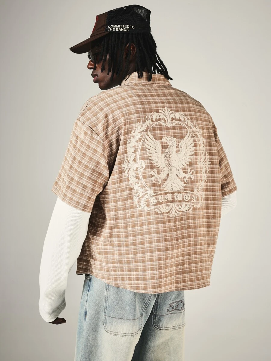 SUMWON Plaid Short Sleeve Boxy Crop Button Down Shirt With Eagle Sheild Back Graphic Print And Chest Pocket - Khaki - View 1