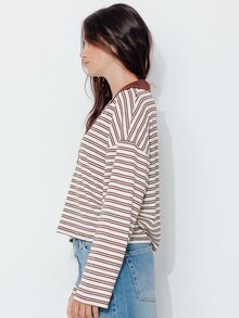 Pimkie Edition Autumn Casual Striped Drop Shoulder Long Sleeve T-Shirt - Multicolor - View 5