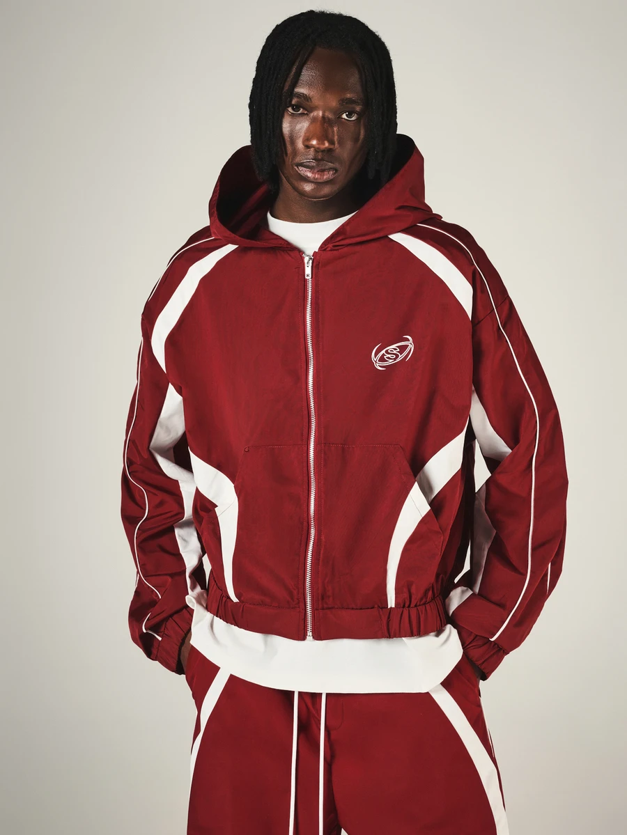 SUMWON Burgundy Hooded Full-Zip Windbreaker Jacket With White Contrast Panels And Piping Elasticated Hem Embroidered Logo Detail - Red and White - View 1