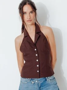 Pimkie Edition Women's Solid Color Single-Breasted Fashion Halter Neck Blouse - Mocha Brown - View 3