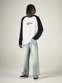 PLAYBOY X SUMWON Script Logo Chest Print Raglan Long Sleeve Crew Neck Color Block Oversized Baseball Tee - Multicolor - View 3