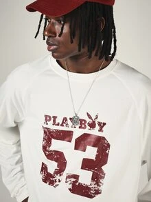 PLAYBOY X SUMWON Bunny Logo Cropped Long Sleeve Tee With Varsity Number 53 Distressed Graphic Print Crew Neck Boxy Fit Top - White - View 4