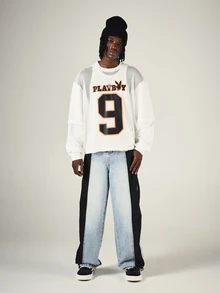 PLAYBOY X SUMWON Bunny Number 9 Mesh Overlay Oversized Sweatshirt Crew Neck Long Sleeve Jersey Style Graphic Top - White - View 3