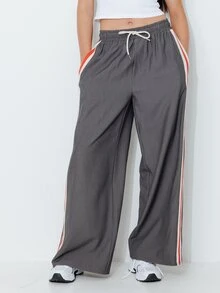 Pimkie Edition Women's Loose Fit Long Pants With Side Stripes, Drawstring Waist And Pockets - Dark Grey - View 1