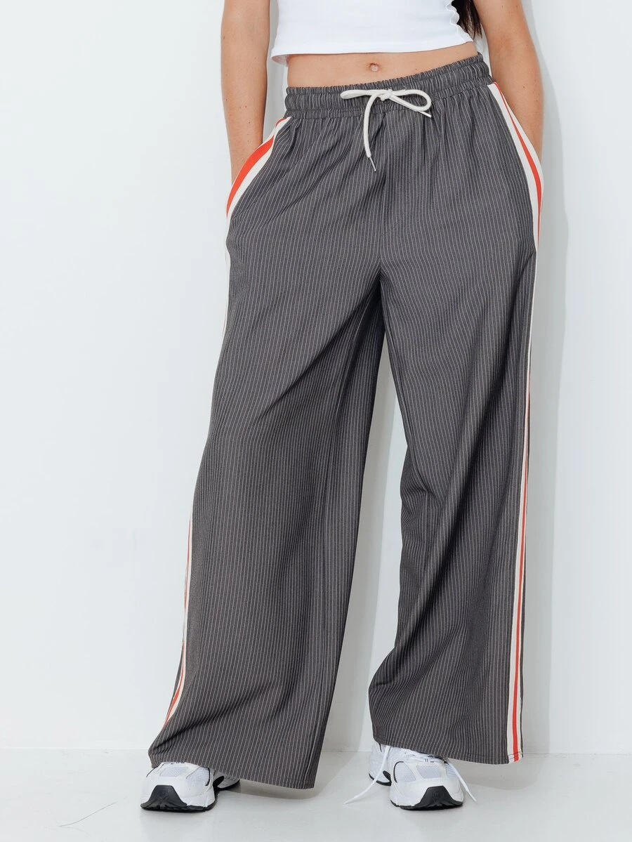 Pimkie Edition Women's Loose Fit Long Pants With Side Stripes, Drawstring Waist And Pockets - Dark Grey - View 1