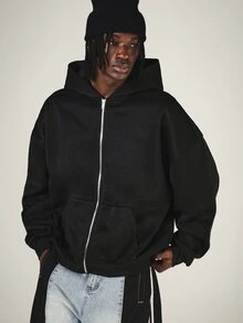 SUMWON Club Oversized Full-Zip Hoodie With Script Logo Back Print And Centre Pocket Fall Winter Streetwear - Black - View 2