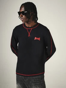SUMWON Black Long Sleeve Crew Neck Top With Red Contrast Stitching And Chest Logo Embroidery Streetwear Essential - Black - View 1
