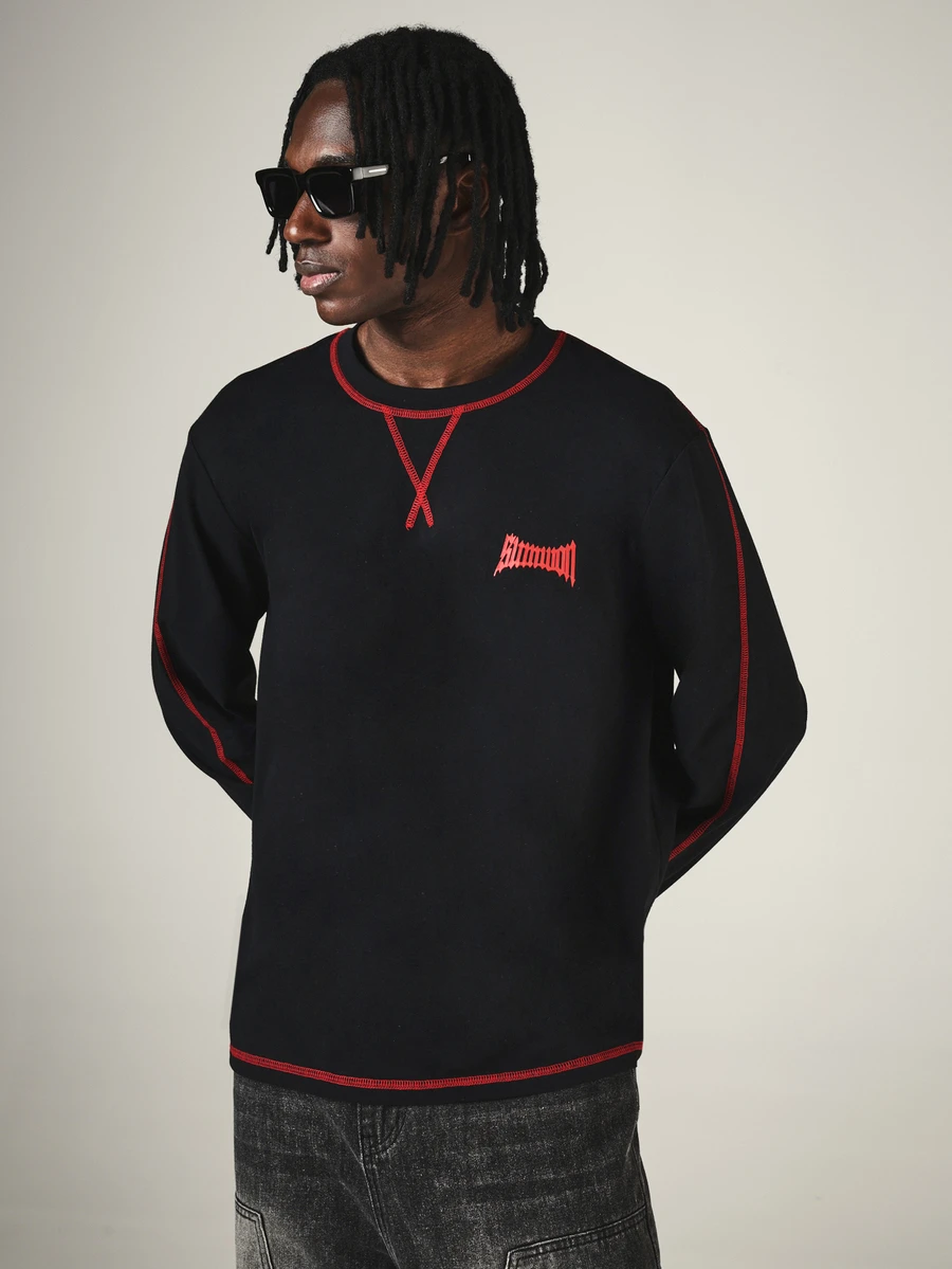 SUMWON Black Long Sleeve Crew Neck Top With Red Contrast Stitching And Chest Logo Embroidery Streetwear Essential - Black - View 1