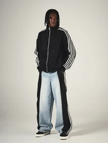 SUMWON Club Oversized Full-Zip Track Jacket With Stripe Sleeves And Varsity Number Back Print - Black - View 3