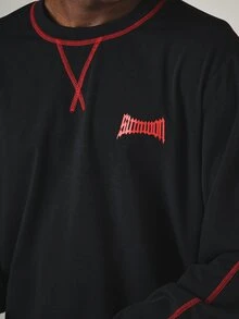 SUMWON Black Long Sleeve Crew Neck Top With Red Contrast Stitching And Chest Logo Embroidery Streetwear Essential - Black - View 5