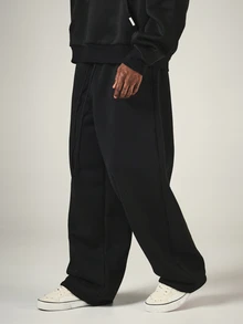 SUMWON Society International Wide Leg Sweatpants With Drawstring Waist And Oversized Graphic Back Print Fleece Loungewear - Black - View 1