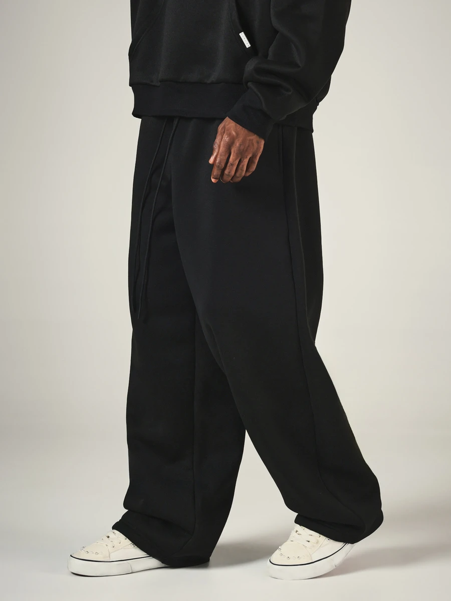 SUMWON Society International Wide Leg Sweatpants With Drawstring Waist And Oversized Graphic Back Print Fleece Loungewear - Black - View 1