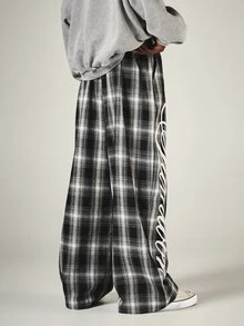 SUMWON Wide Leg Plaid Casual Pants With Large Cursive Script Leg Print, Full Length Relaxed Fit, Fall Winter Street Style - Black and White - View 2