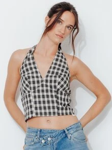 Pimkie Edition Women's Plaid Casual Versatile Daily Wear Halter Top - Black and White - View 1